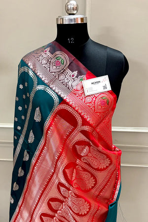 Teal and Red Zari Banarasi Silk Saree