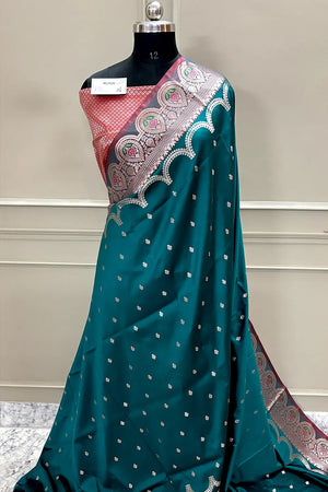 Teal and Red Zari Banarasi Silk Saree