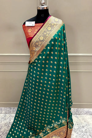 Teal and Red Zari Katan Silk Banarasi Saree