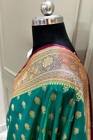 Teal and Red Zari Katan Silk Banarasi Saree