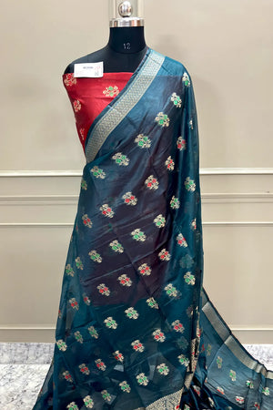 Teal and Red Zari Resham Silk Banarasi Saree