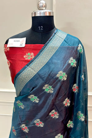 Teal and Red Zari Resham Silk Banarasi Saree