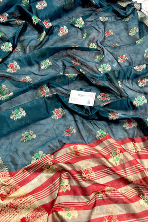 Teal and Red Zari Resham Silk Banarasi Saree