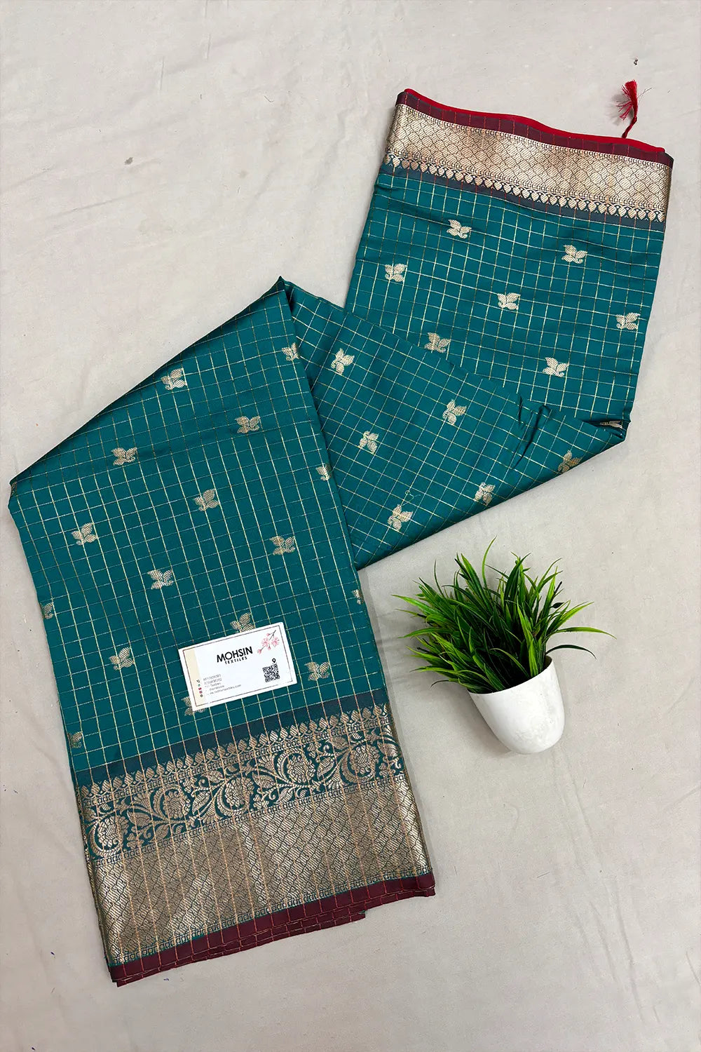 Teal and Red Zari Semi Katan Silk Banarasi Saree
