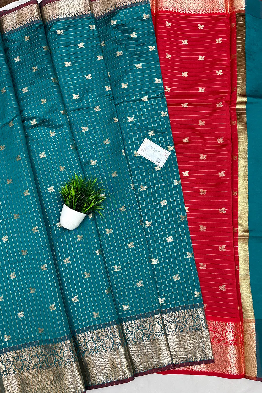 Teal and Red Zari Semi Katan Silk Banarasi Saree