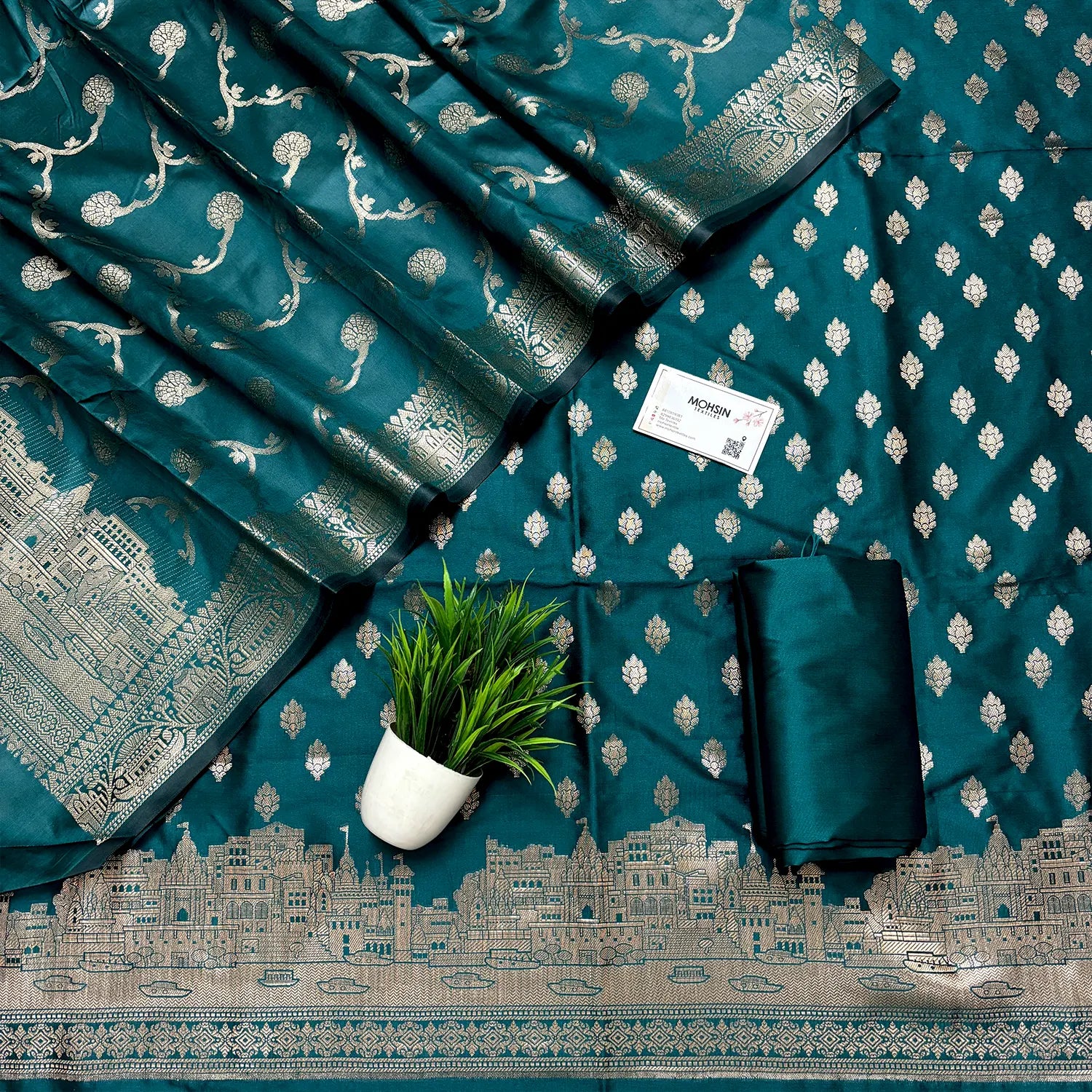 Teal Assi Ghat Mandir Semi Katan Silk Banarasi Suit