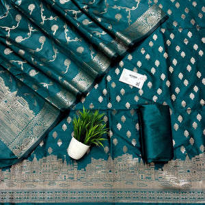 Teal Assi Ghat Mandir Semi Katan Silk Banarasi Suit