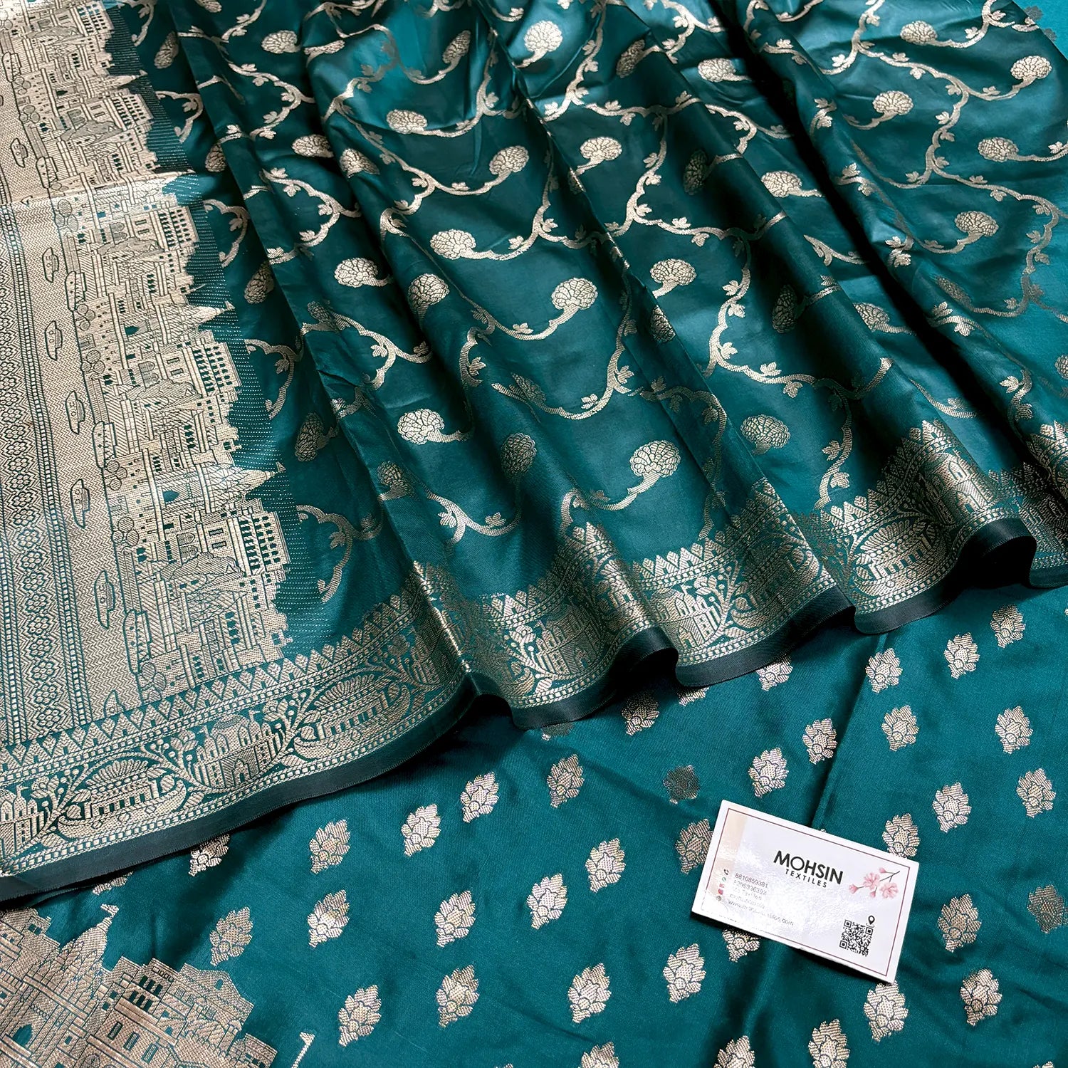 Teal Assi Ghat Mandir Semi Katan Silk Banarasi Suit