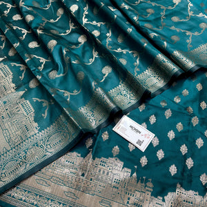 Teal Assi Ghat Mandir Semi Katan Silk Banarasi Suit