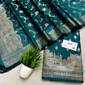 Teal Assi Ghat Mandir Semi Katan Silk Banarasi Suit
