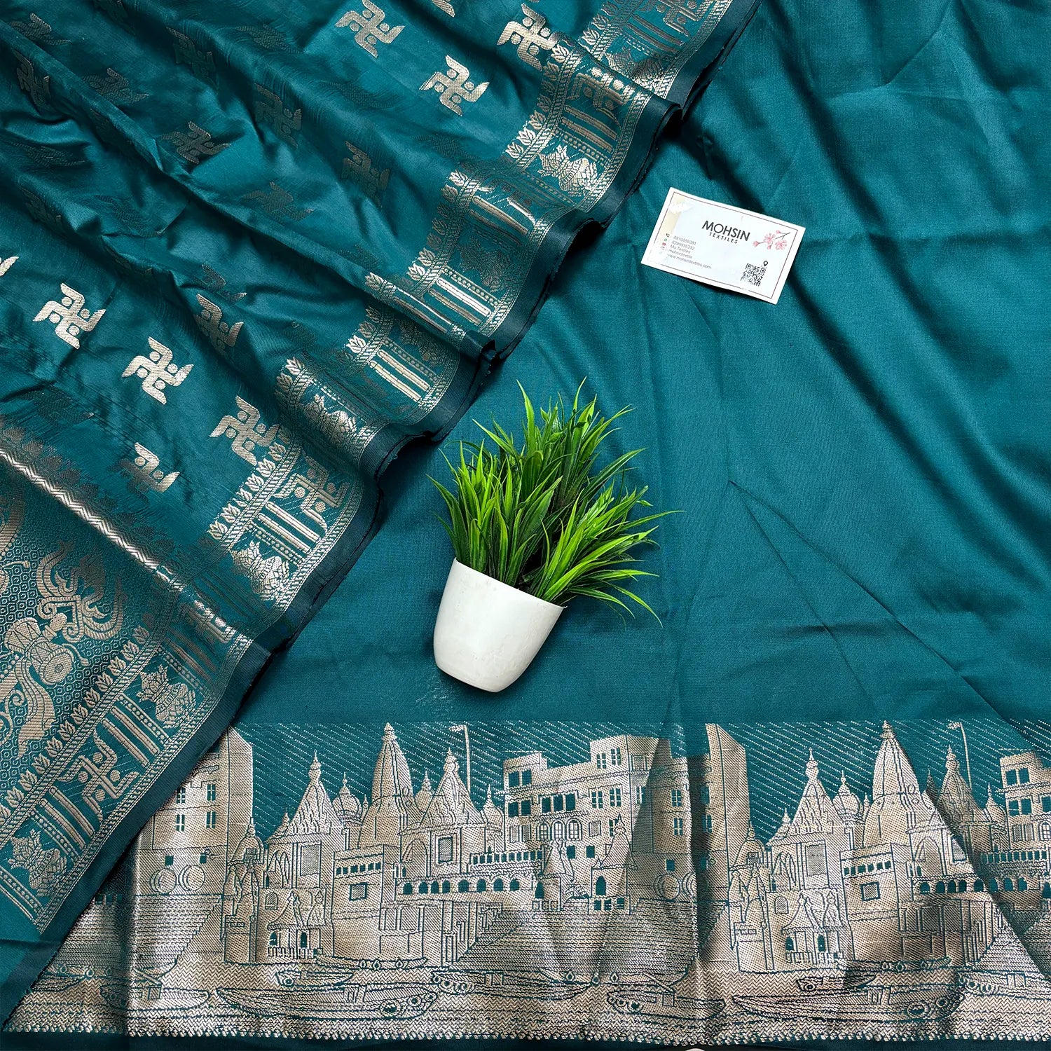 Teal Assi Ghat Plain Semi Katan Silk Banarasi Suit