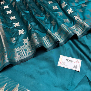 Teal Assi Ghat Plain Semi Katan Silk Banarasi Suit