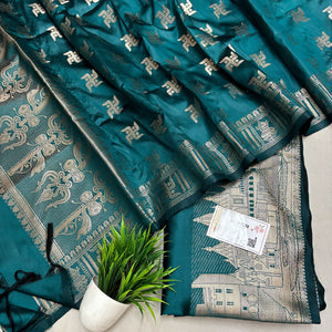 Teal Assi Ghat Plain Semi Katan Silk Banarasi Suit
