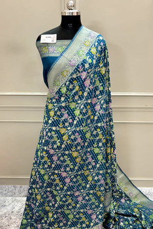 Teal Bandhej Meena Georgette Silk Banarasi Saree