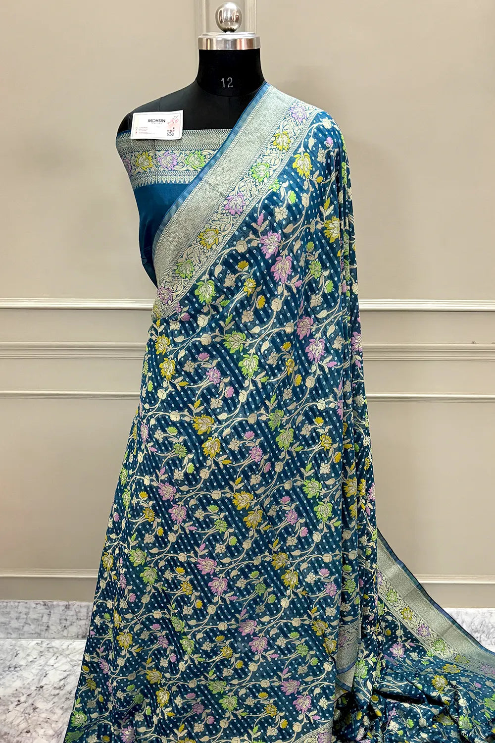 Teal Bandhej Meena Georgette Silk Banarasi Saree