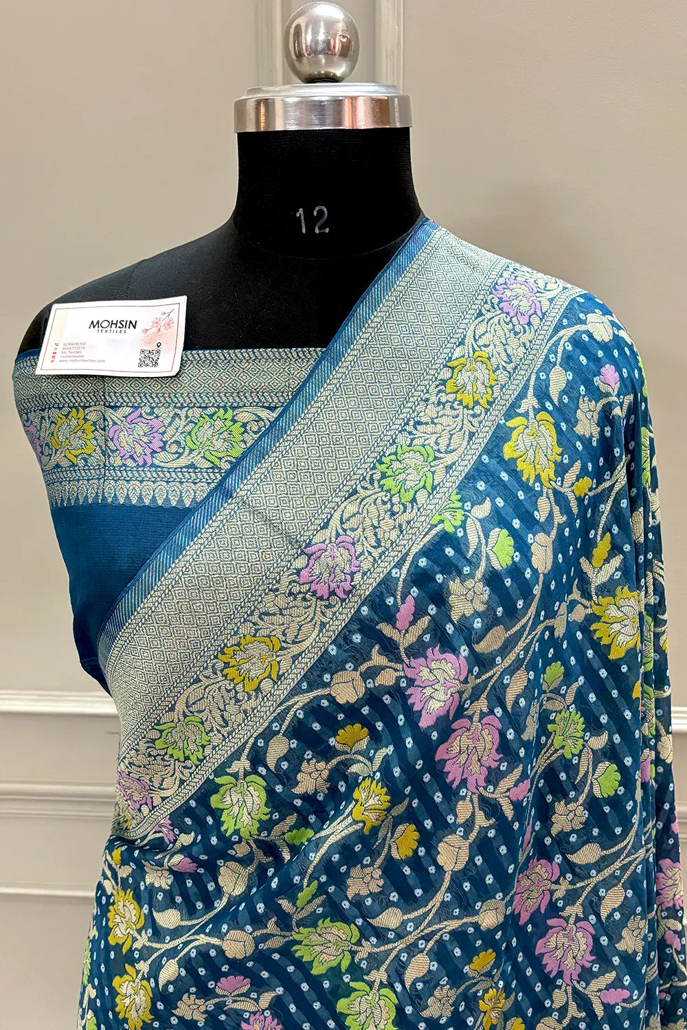 Teal Bandhej Meena Georgette Silk Banarasi Saree