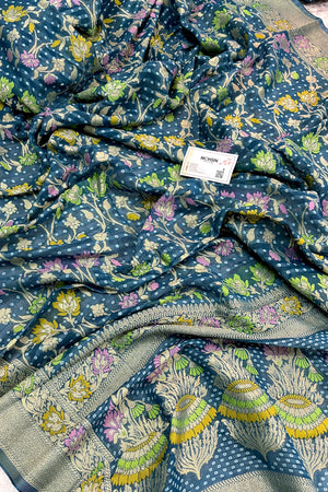 Teal Bandhej Meena Georgette Silk Banarasi Saree