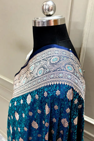 Teal Blue Chunni Munni Buti Katan Silk Banarasi Saree