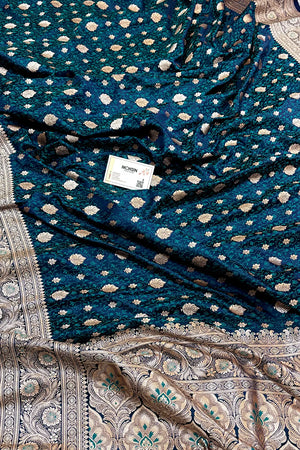 Teal Blue Chunni Munni Buti Katan Silk Banarasi Saree