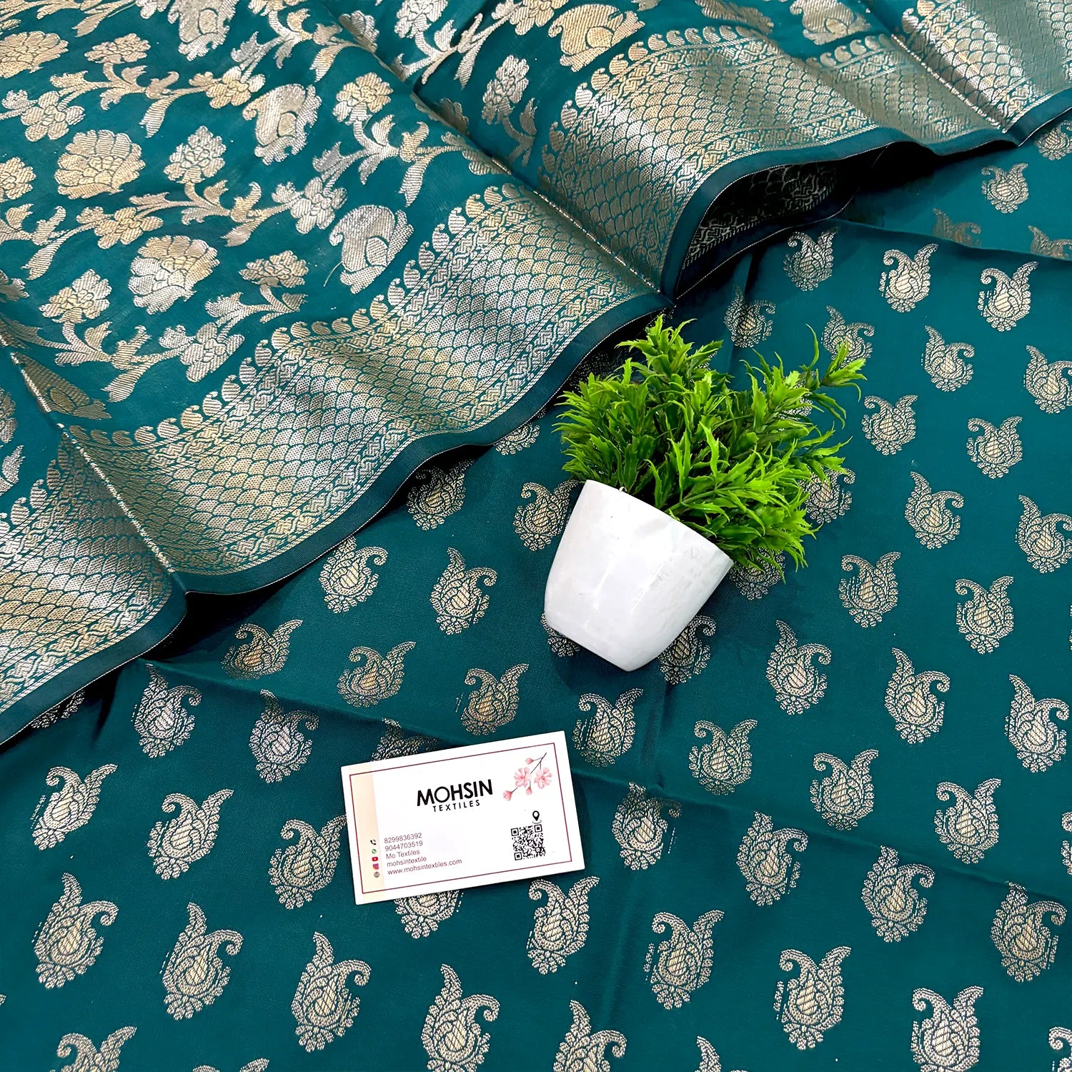 Teal Chirag Buti Satin Silk Banarasi Suit