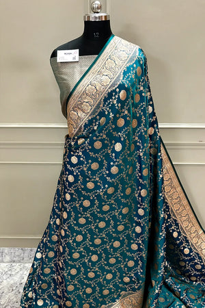 Teal Churmuri Jaal Katan Silk Banarasi Saree