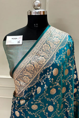 Teal Churmuri Jaal Katan Silk Banarasi Saree