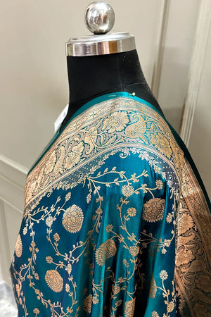 Teal Churmuri Jaal Katan Silk Banarasi Saree