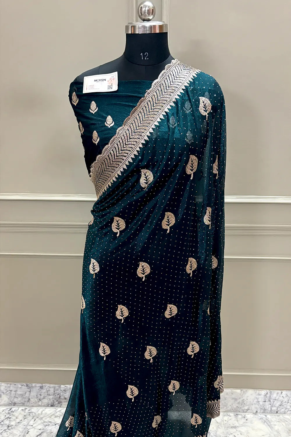 Teal Embordiery Siroski Work Silk Saree