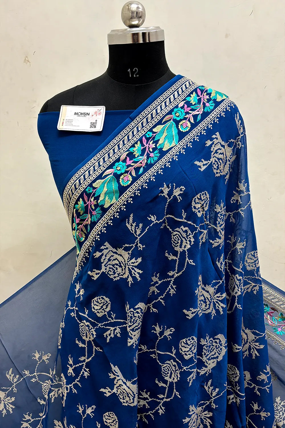 Teal Embroidery Georgette Silk Banarasi Saree