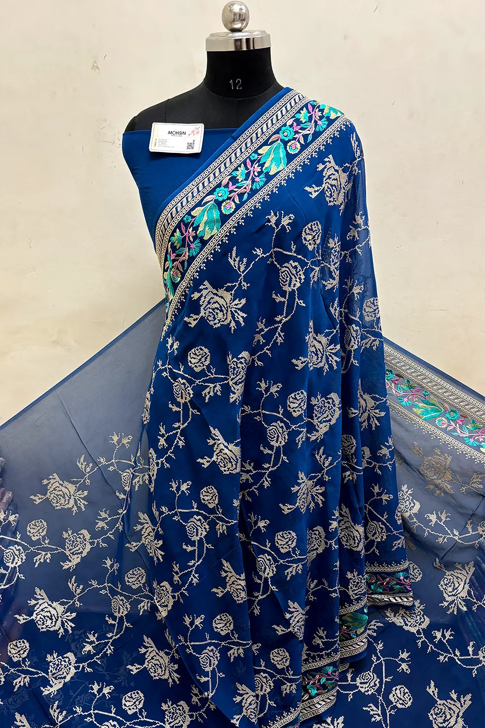 Teal Embroidery Georgette Silk Banarasi Saree
