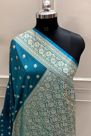 Teal Firozi Ghonga Buti Katan Silk Banarasi Saree