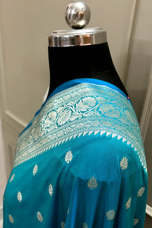 Teal Firozi Rudraksha Buti Katan Silk Banarasi Saree