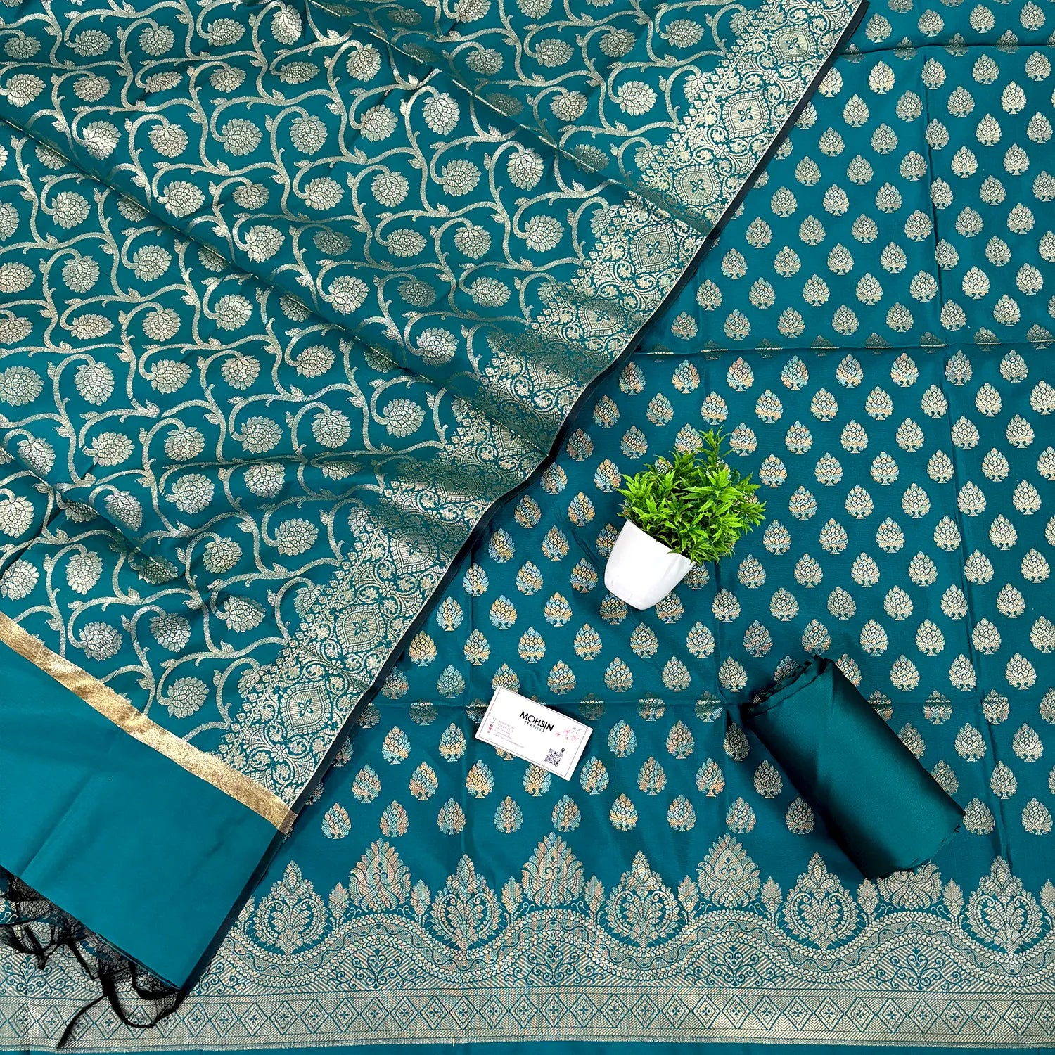 Teal Golden Zari Satin Silk Banarasi Suit