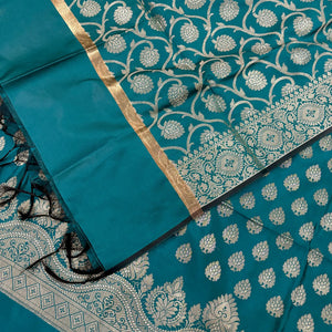 Teal Golden Zari Satin Silk Banarasi Suit