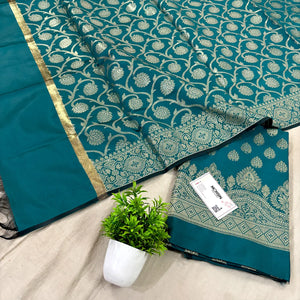 Teal Golden Zari Satin Silk Banarasi Suit