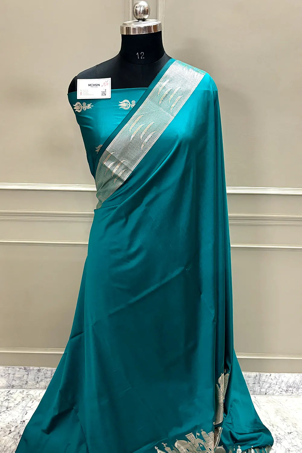 Teal Kalyug Plain Satin Silk Banarasi Saree