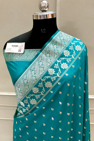 Teal Mahinki Buti Katan Silk Banarasi Saree