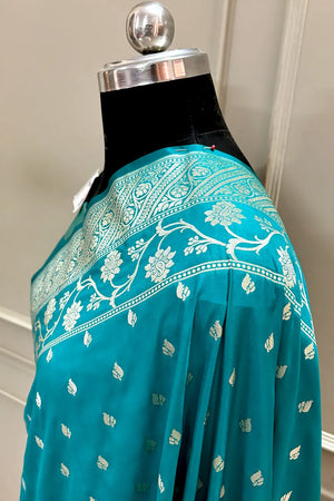 Teal Mahinki Buti Katan Silk Banarasi Saree