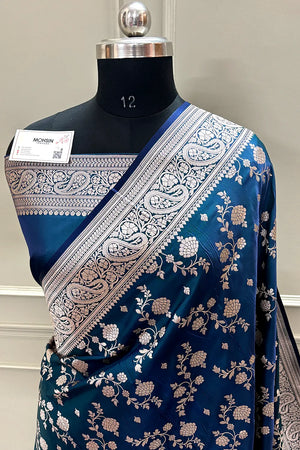 Teal Nafis Jaal Katan Silk Banarasi Saree