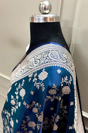 Teal Nafis Jaal Katan Silk Banarasi Saree