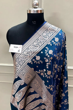 Teal Nafis Jaal Katan Silk Banarasi Saree