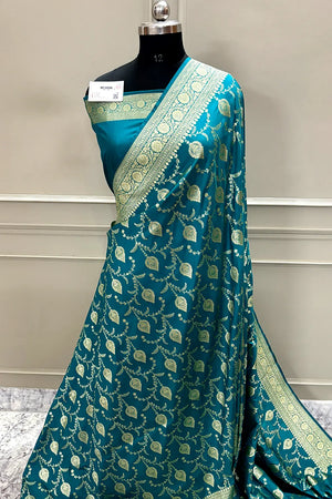 Teal Pandaar Jaal Katan Silk Banarasi Saree