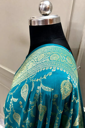 Teal Pandaar Jaal Katan Silk Banarasi Saree