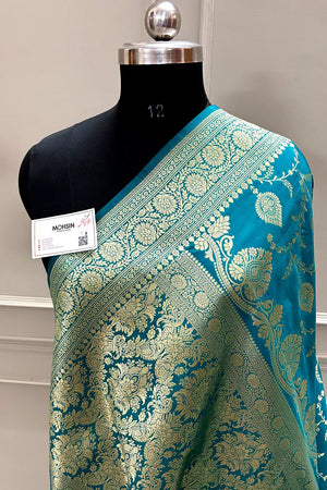 Teal Pandaar Jaal Katan Silk Banarasi Saree