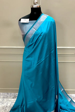 Teal Plain Banarasi Silk Saree