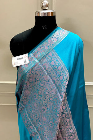 Teal Plain Banarasi Silk Saree
