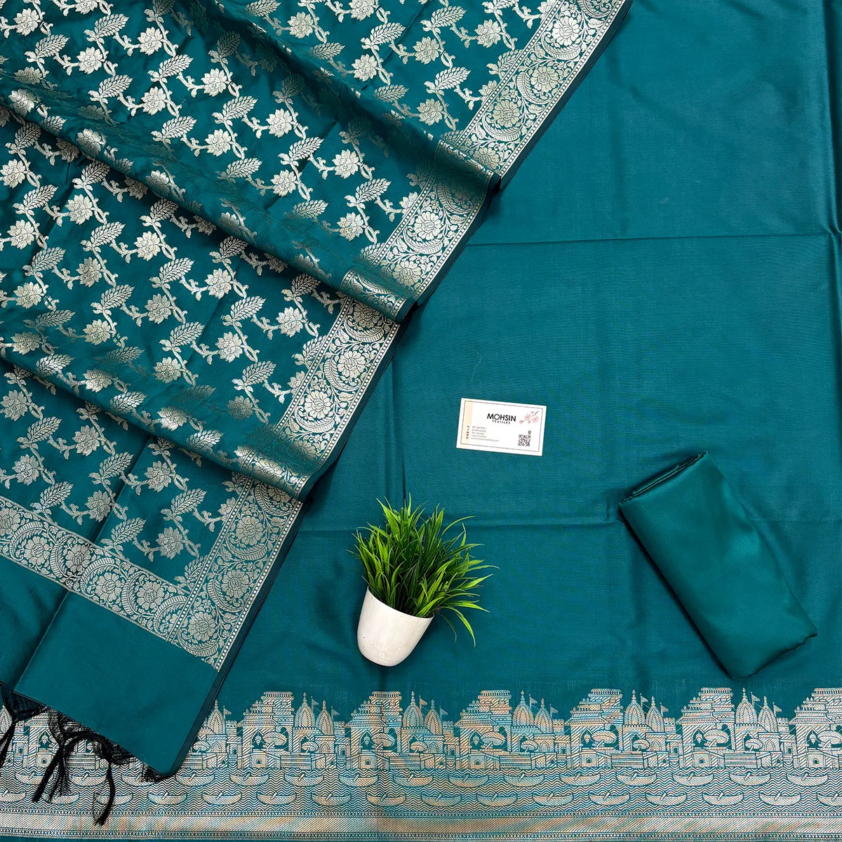 Teal Plain Ghat Semi Katan Silk Banarasi Suit
