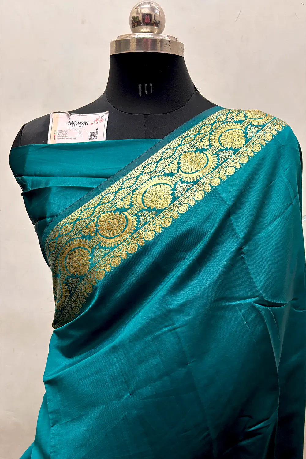 Teal Plain Semi Katan Silk Banarasi Saree