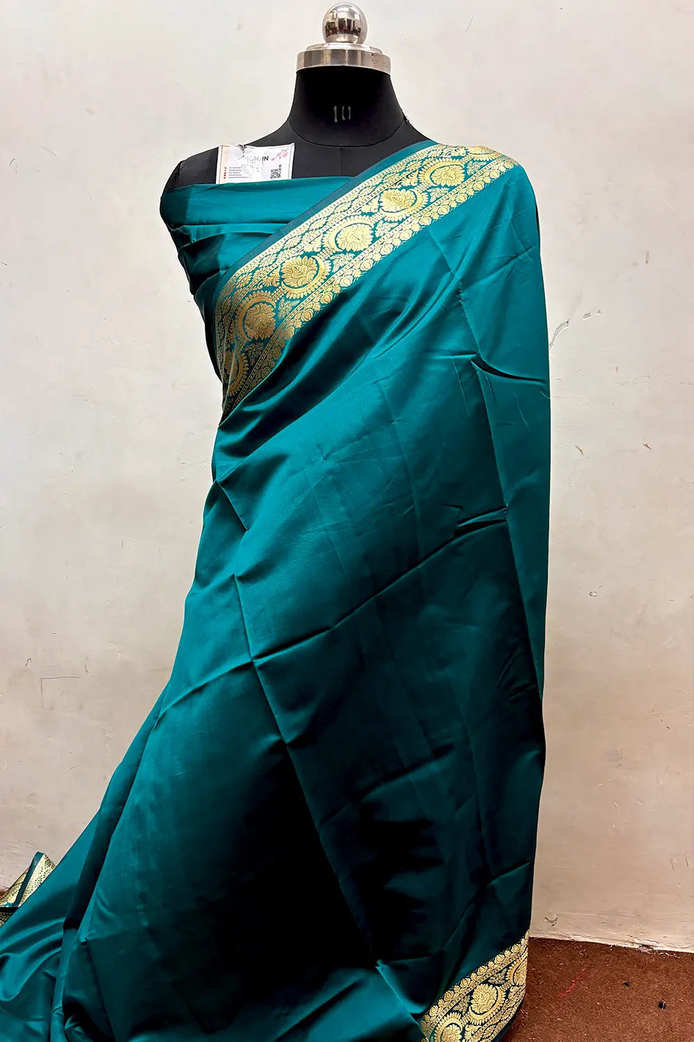 Teal Plain Semi Katan Silk Banarasi Saree