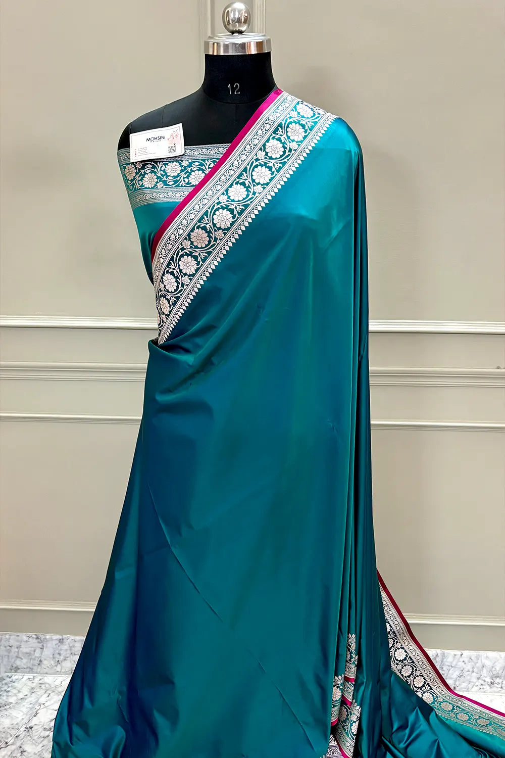 Teal Plain Zari Border Katan Silk Banarasi Saree